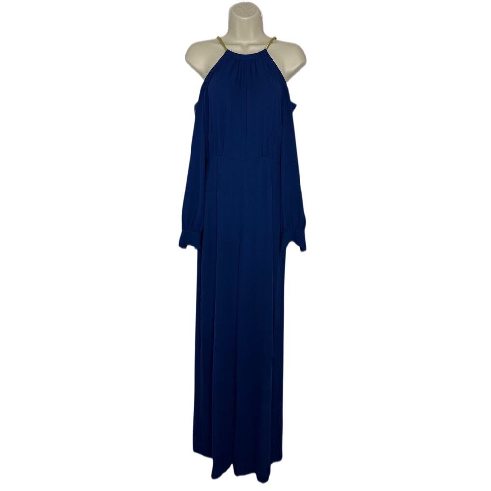 BCBG MAX AZRIA 'FLO' Blue Halter Cold Shoulder Long Sleeve JUMPSUIT Size 2